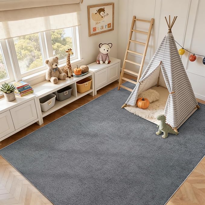 FinRèc 6x9 Washable Area Rugs for Bedroom Living Room, Low Pile Thin Rug Solid Color, Non-Slip Carpet Indoor for Home Decor (Pure Dark Grey)