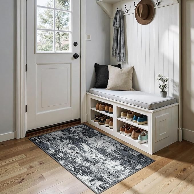 RELEANY Washable Area Rugs 3x4 Non-Slip Modern Abstract Soft for Living Room Entryway Bedroom Nursery, Print Pattern, Black Navy Blue Gray