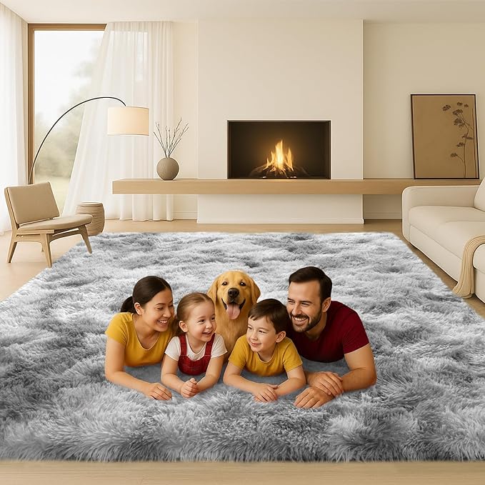 8x10 Area Rugs Living Room, Large Plush Fluffy Bedroom Carpet, Non-Slip Upgraded Indoor Thick Soft Rug, Modern Plush Carpet Suitable for Kids Home Decor Aesthetics Dorm, Dark Grey.
