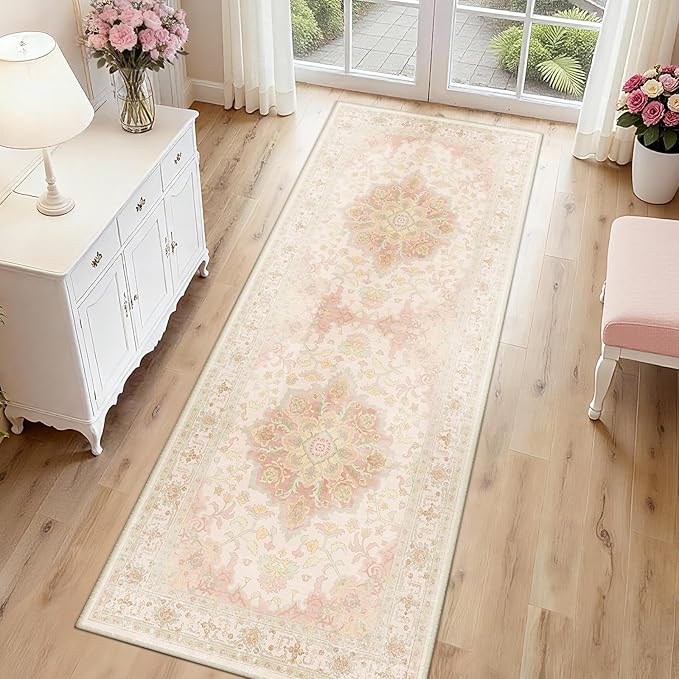 CAPALOCA Machine Washable Rugs Nursery Rug 2x6 Cute Girl Non Slip Low Pile Water Repellent Soft Print Pattern for Bedroom Indoor Decor Kids Playroom Pink Green