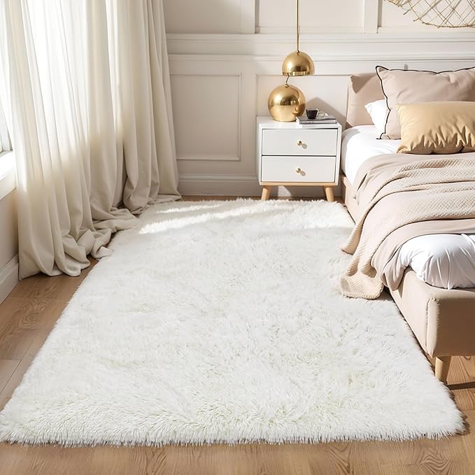KCHOWUA Cream White Fluffy Area Rugs for Bedroom, 6x9 Machine Washable Plush Furry Fuzzy Rug for Living Room, Modern Soft Shag Shaggy Carpet for Kids Boy Girls Dorm Room Nursery,Ivory