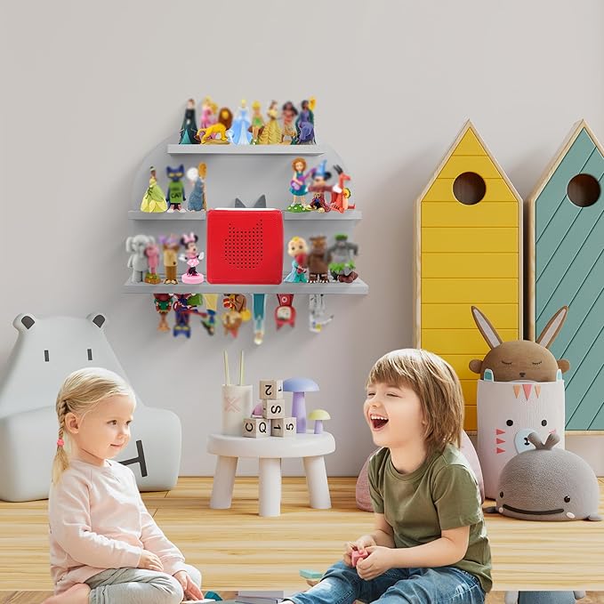 For Tonies Figures Shelf Magnetic,for Tonie box Wall Shelves,for Tonies Characters Organizer,Audio Toy Storage (Holds 45 Figurine),Compatible Charging Station for Kid's Room,Pine,Arch,Large,Gray White