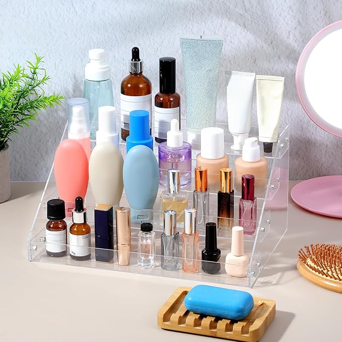2 Pcs 12" Acrylic Riser Display Stands 4 Tier Clear Display Shelf Decorative, Skincare Organizers for Countertop, Tabletop, Collectibles, Nail Polish Perfume Organizer