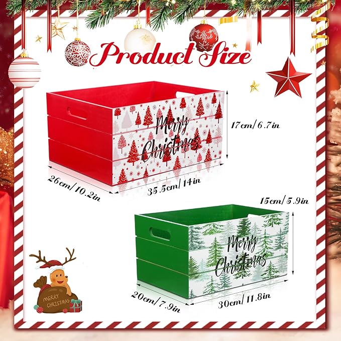 FoldTier 2 Pcs 14inch & 12inch Christmas Wood Storage Boxes with Handles Red and Green Decorative Nesting Crates Rustic Farmhouse Storage Container Xmas Decorations Organizer Bins for Home(Novel)