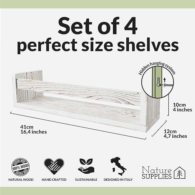 NATURE SUPPLIES Set of 4 Whitewashed Nursery Room Shelves 16.4'', Solid Wood Ideal for Books Toys and Decor, Wall Bookshelf Kids Bedroom, Bookshelf, Nursery Book Shelves, Floating Grey