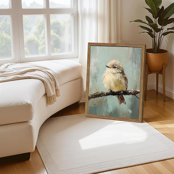 Vintage Framed Bird Wall Art, Rustic Sparrow on Branch Canvas Wall Decor Painting, Cute Bird Animal Artwork Poster Prints Pictures for Living Room Bedroom Bathroom 12x16 Inch