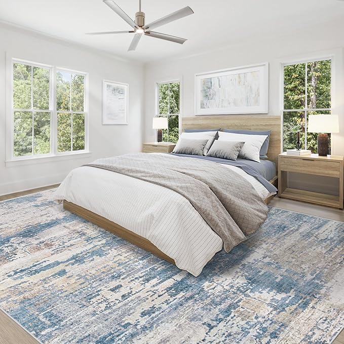 XLUEZ 9x12 Area Rug for Living Room, Washable Modern Abstract Large Area Rug Neutral Soft Non Slip Kids Rug Stain Resistant Indoor Carpet for Bedroom Dining Room Playroom Office(BlueBeige, 9'x12')