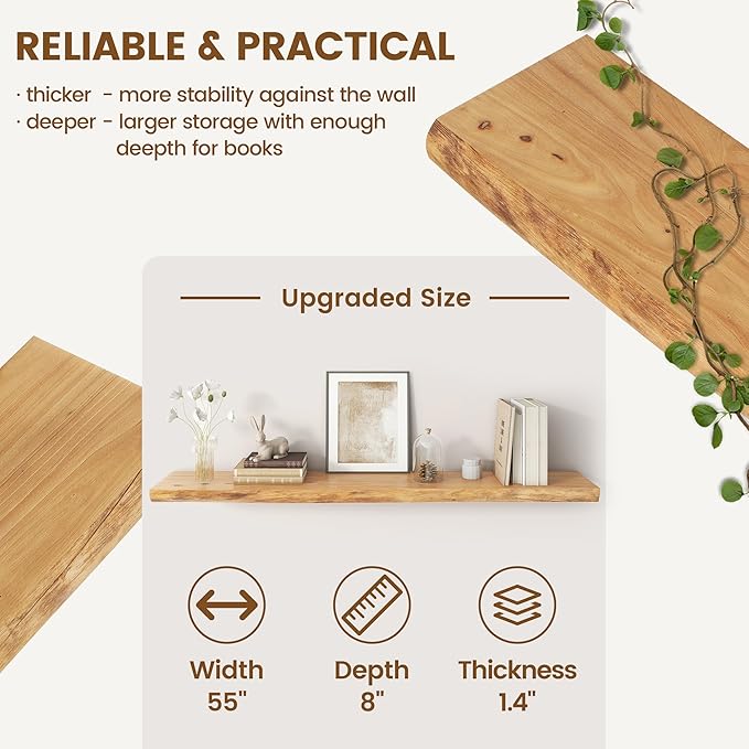 Venusmiles Live Edge Elm Floating Shelves for Wall Decor, Rustic Solid Wood Shevles Wall Mounted with Invisible Bracket for Living Room Bathroom Bedroom Kitchen, 55 Inch Set of 1, Natural