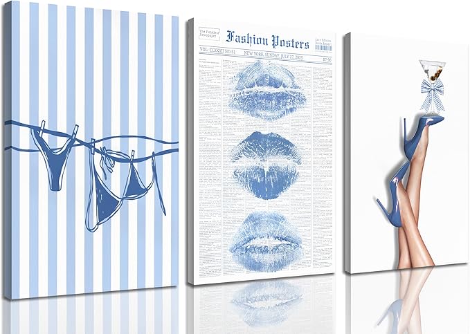 3Pcs Trendy Coquette Wall Art Blue Lips Bikini & Bow Heels Wall Decor Pictures Vintage Martini Newspapaer Canvas Posters Prints for Y2K Girly Room Dorm Apartment Preppy Aesthetic Decor 12x16in