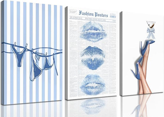 3Pcs Trendy Coquette Wall Art Blue Lips Bikini & Bow Heels Wall Decor Pictures Vintage Martini Newspapaer Canvas Posters Prints for Y2K Girly Room Dorm Apartment Preppy Aesthetic Decor 12x16in