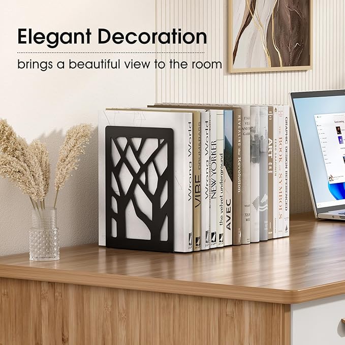 MaxGear Book Ends Tree Design Modern Bookends for Shelves, Non-Skid Book Holder, Heavy Duty Metal Book Storage for Books/CDs, Decorative Book Stopper for Home, 7 x 4.7 x 3.5”, Black,2 Pair/4 Pieces