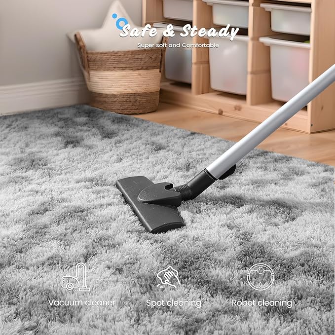 Modern Fluffy Shaggy Rug 5x7 Feet, Tie-Dyed Soft Plush Non-Slip Area Carpet for Bedroom Living Room Dorm Nursery, Light Grey Accent Floor Rug