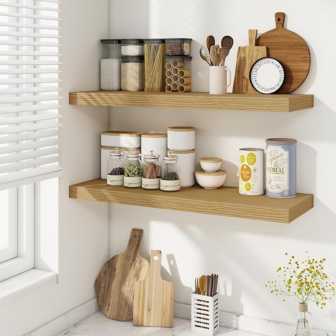 Fun Memories 9.3Inch Deep Floating Shelves for Wall, 30 Inch Rustic Wood Wall Mounted Shelves for Bathroom, Bedroom, Kitchen, Deep Floating Shelf for Storage & Home Decor (Oak, Set of 2)