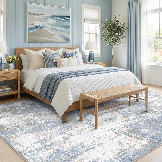 RELEANY Washable Area Rugs 5'x7' Non-Slip Modern Abstract Soft for Living Room Entryway Bedroom Nursery, Print Pattern, Light Blue