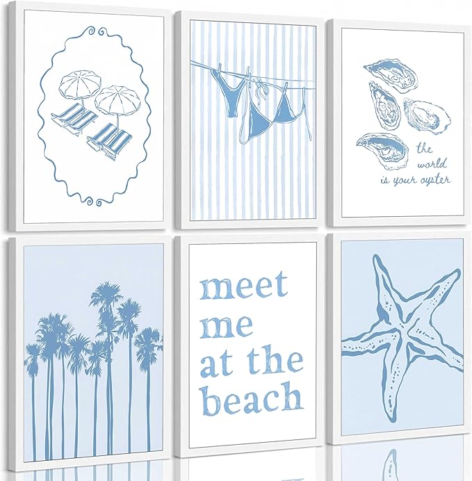 6Pcs Blue Coastal Granddaughter Canvas Wall Art Beach Shell Bikini Plant Starfish Painting Picture Wall Decor Poster Print Artwork for Teen Girl Room Dorm Apartment Unframed