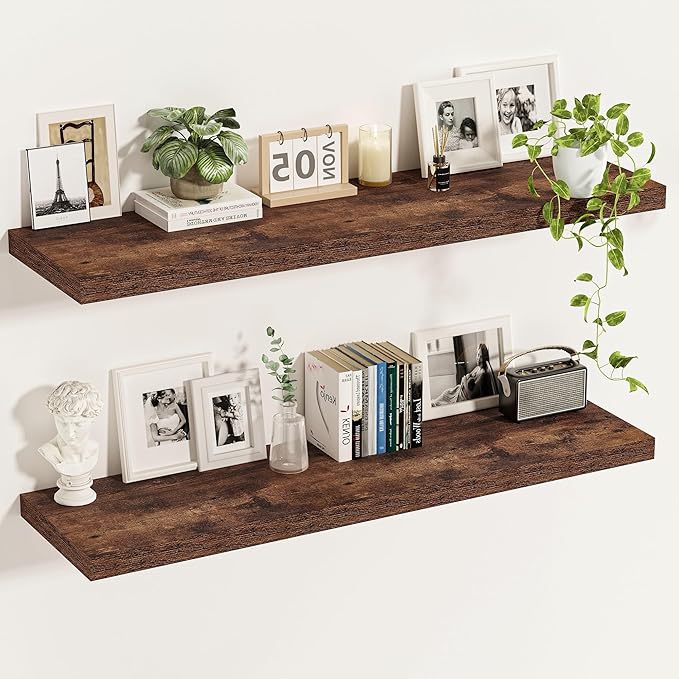 Vivelove 12 Inch Deep Floating Shelves for Wall, 47.2x12 Shelves with Invisible Brackets, for Living Room Bedroom, Farmhouse Rustic Shelves Home Decor, Set of 2, Rustic Brown