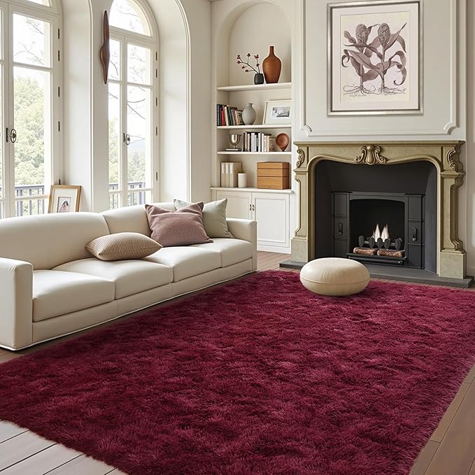 FinRèc Red Rug for Living Room Bedroom, 4x6 Feet Fluffy Shag Area Rug, Non-Slip Plush Fuzzy Rugs for Nursery Kids Room Dorm Room Home Decor, Indoor Furry Floor Carpet