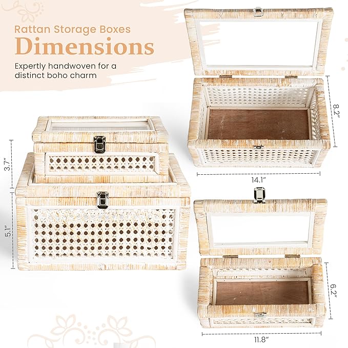 Large Set of 2 Handwoven Rattan Decorative Boxes with Glass Lids - Stackable Wicker Storage Boxes for Home Decor - Coffee Table Box Organizers - Woven Box with Lid for Shelves
