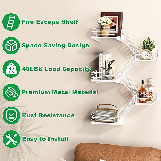 Fire Escape Shelf - 5 Tier Large White Metal Fire Escape Wall Shelves with Baskets, New York Action Figurine Display Shelf, Unique Rustic Floating Decorative Wall Shelves for Home