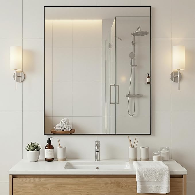 Antok 30x36 Black Metal Framed Bathroom Mirror, Wall Mirror with Rect Corners, Vanity Mirror for Over Sink, Anti-Rust Tempered Glass, Horizontal/Vertical Hanging for Bathroom, Living Room, Entryway