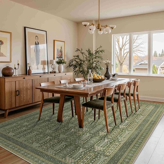Rugxara 8x10 Washable Area Rugs for Living Room&Bedroom - Floral Boho Vintage Rug,Soft & Non-Slip,Low Pile Wool Carpet for Indoor Dining Room,Girls Room,Nursery Room and Kids Room(Olive Green)