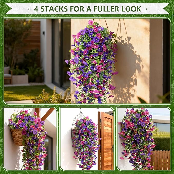 Fake Hanging Plants, Faux Hanging Plant Artificial Greenery for Living Room Bedroom Boho Wall Shelf Indoor Outdoor Decor (4-Pack, Purple Pink Morning Glory)