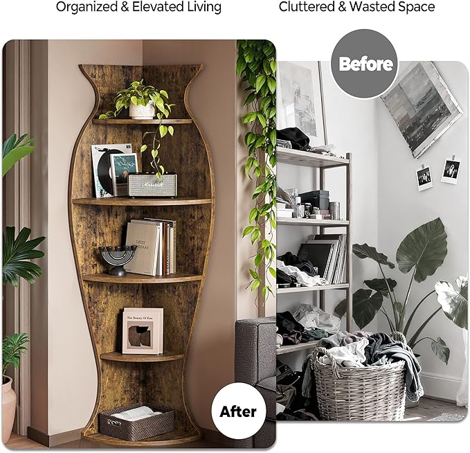 Small Corner Shelf, 5-Tier Vase-Shaped Bookshelf Organizer for Living Room Decor, Bedroom, and Office, Modern Freestanding Corner Bookcase for Storage and Display, Vases Home Decor Accent