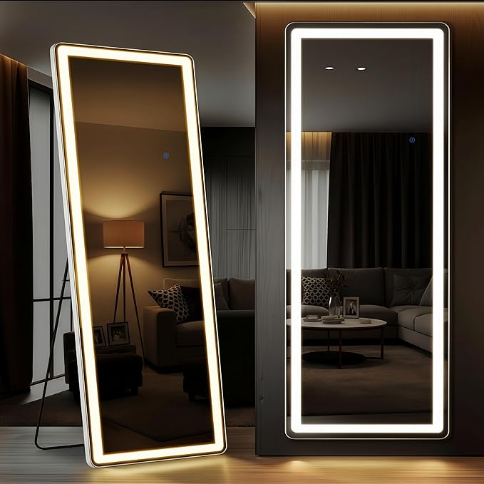 Full Length Mirror with LED Lights 65"x24"Rectangle Full body mirror with Stand Aluminum Alloy Frame, Tempered Glass Floor Mirror with Dimming&3 Color Lighting for Bedroom Dressing Room Silver