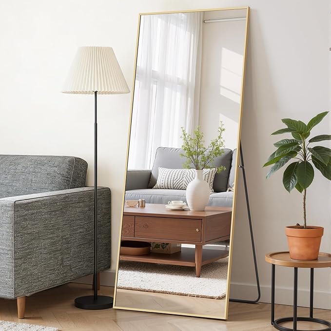 Mirror Full Length 65"x24" Full Body Floor Mirror with Stand, Shatterproof Glass, Aluminum Alloy Frame, Free Standing Wall Mounted or Leaning Rectangle Mirrors for Bedroom Living Room Entryway