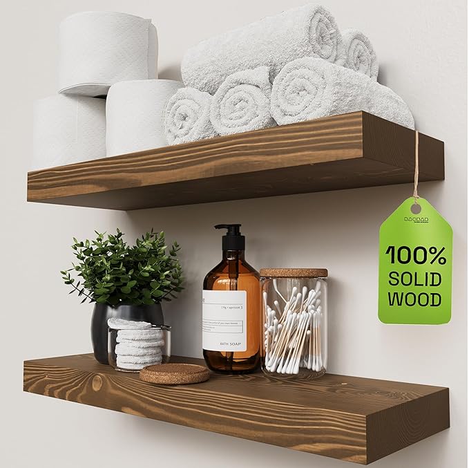BAOBAB WORKSHOP Wood Floating Shelves for Wall 20 Inch, Solid Real Wooden Bathroom Shelf, Heavy Duty Wall Shelf Mounted 20 in Kitchen Rustic Farmhouse, Walnut Floating Shelves, 20W × 6.7D, Set of 2