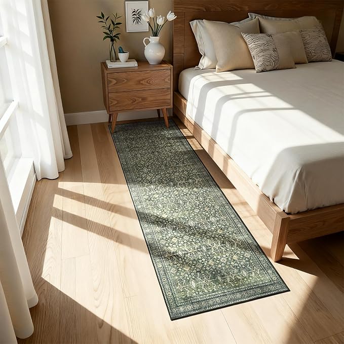 Lofus 2'6"x8' Area Rug for Hallways,Green Washable Runner Rugs with Non Slip Rubber Backing, Low Pile Soft Carpet Runner for Kitchen Bathroom Bedroom Laundry