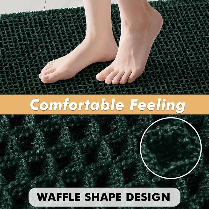MIULEE Dark Green Set of 2 Waffle Bathroom Rugs, Boho Bath Rugs Non Slip Washable, Super Absorbent Bath Mats, Ultra Soft Rubber Backed Shower Mats for Bathroom Floor, Tub, 18x30 Inch
