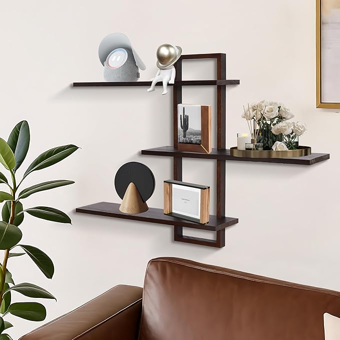 PHOENANCEE 3 Tier Wall Shelves,Decorative Floating Shelf for Wall,Plants Photo Shelf Storage Display Shelving Wood for Living Room Bedroom Kitchen Home Office Decor,Modern,Large,22 Inch(Walnut