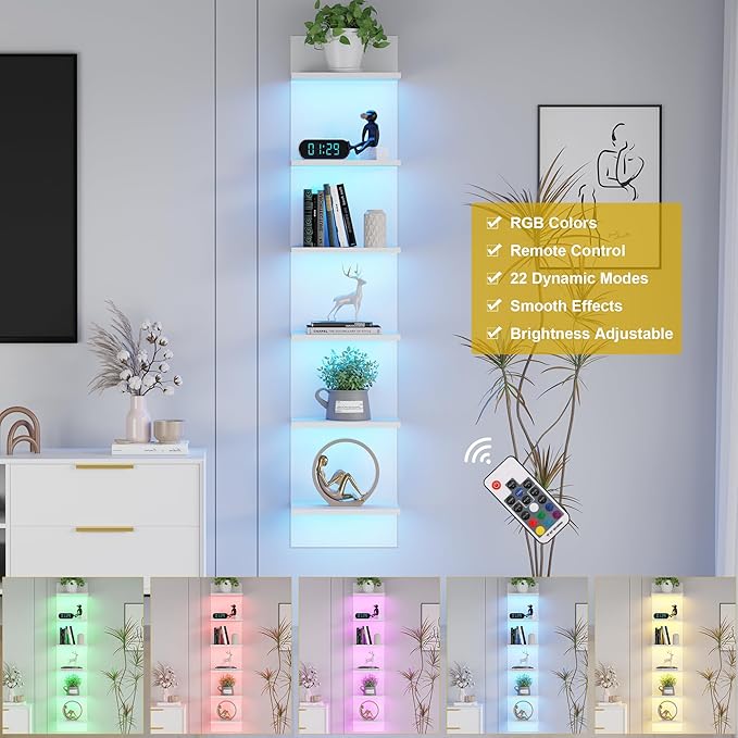 Qupui 6 Tier Wall Shelf Unit with LED Light, Floating Storage Home Decor Organizer Shelving for Bedroom Living Room, White