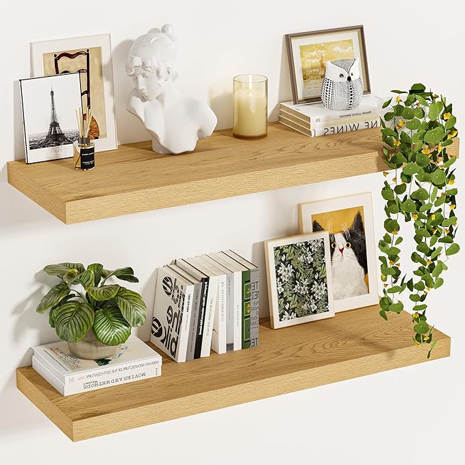 Vivelove 12 Inch Deep Floating Shelves 24 inch Long, Thick Wall Shelves with Invisible Brackets, for Bedroom Bathroom Living Room Kitchen Office, Rustic Farmhouse Decor, 23.6x12x1.5 Set of 2, Oak