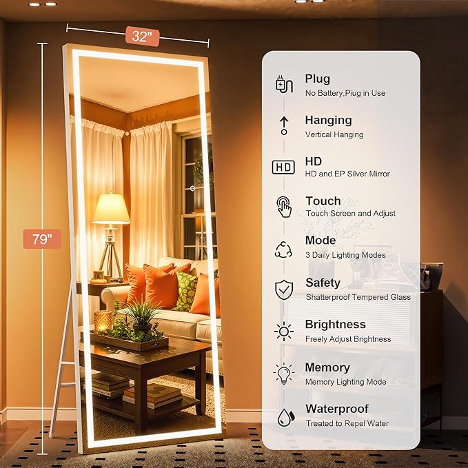 79" x 32" Full Length Mirror with Lights, Large LED Lighted Floor Standing Body Mirror, Dimmable & 3 Color Lighting for Bedroom, Cloakroom, Dressing Room, Tempered Glass, White Frame