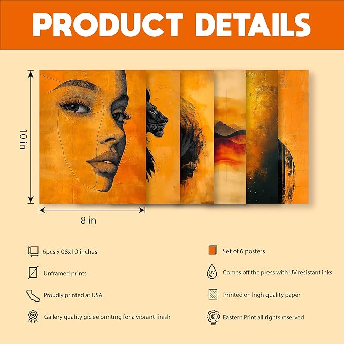 Eastern Print Set of 6 Abstract Masculine Wall Art Prints – Bold Orange & Black Lion, Silhouette, Face Line Posters – Modern Unframed 8x10 Decor for Men’s Room, Office, Man Cave or Creative Studio