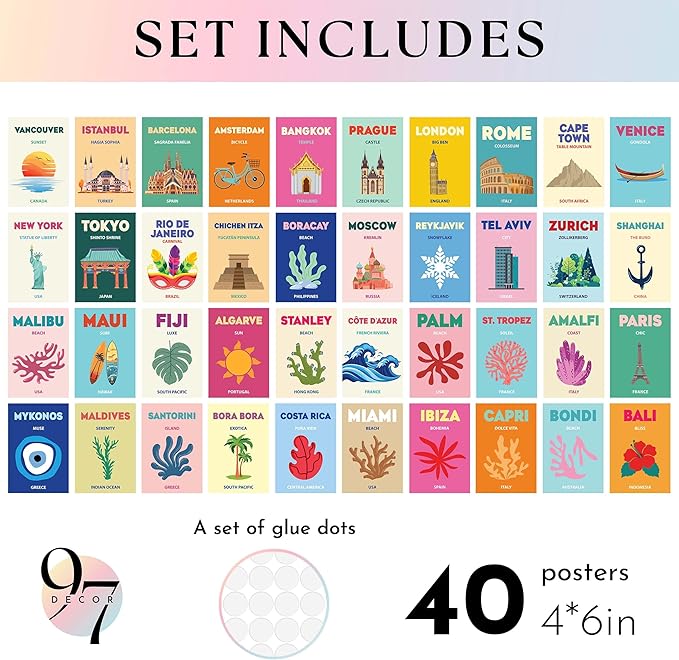 97 Decor Cute Preppy Room Decor Aesthetic - 40pcs Coastal Preppy Collage Kit, Colorful Preppy Posters For Teen Girls Room, Preppy Beach Room Decor, Summer Travel Wall Art Prints Dorm Decorations (4x6)