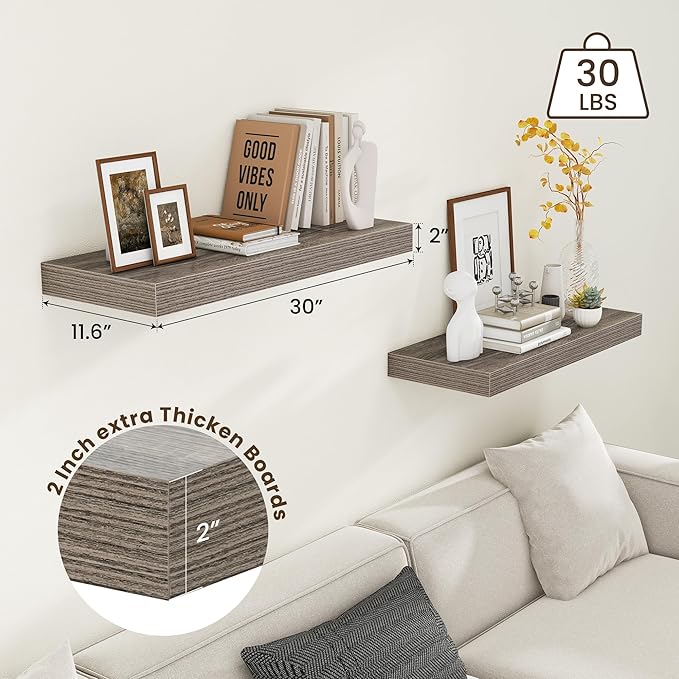 FLYJOE 30 Inch Floating Shelves | 12 Inch Deep Grey Floating Shelves Set of 2 | 30" W x 12" D Rustic Wood Shelves for Wall | Deep Grey Shelves for Living Room Bathroom Laundry Room Kitchen
