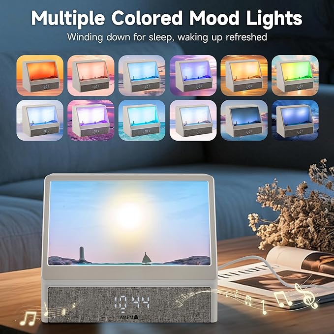 Upgraded Sunrise Alarm Clock, White Noise Machine with 12 Soothing Sounds, Wake-Up Light with Snooze Function, 12/24H Dual Time Display, Power Adapter Included, for Youth, Mother's Day