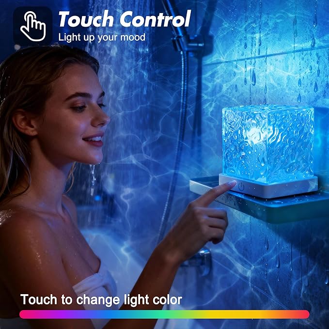 2 Pack Rechargeable Shower Light for Inside Shower, 16 Color Changeable Waterproof Shower Lamp with Remote, Dimmable Ocean Wave Projector Light, LED Water Ripple Night Light for Bathroom, Living Room