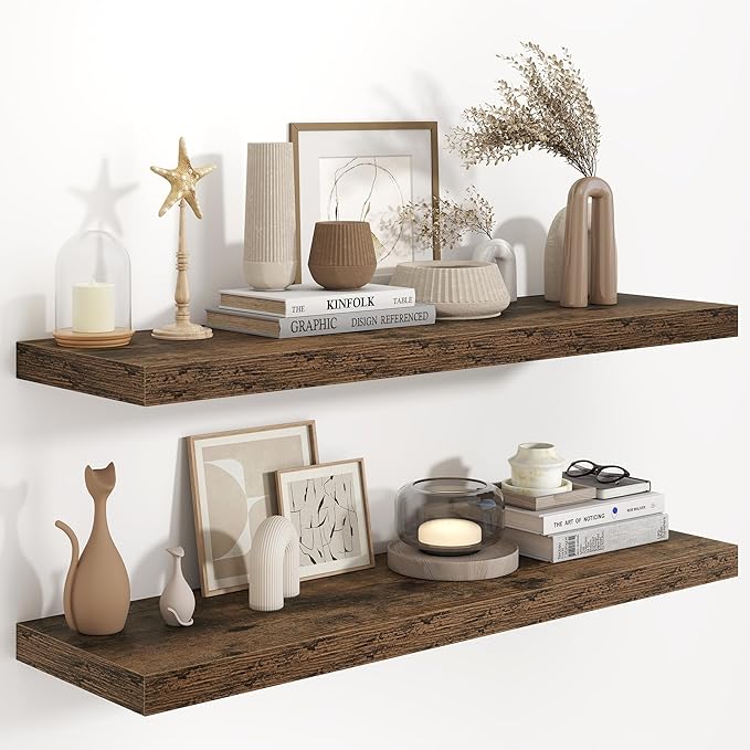 Fun Memories 40" W x 9.3" D Floating Shelves for Wall, Deep Long Floating Shelf for Home Bathroom, Bedroom, Living Room, Rustic Wood Wall Mounted Shelves for Books Decor, Rustic Brown