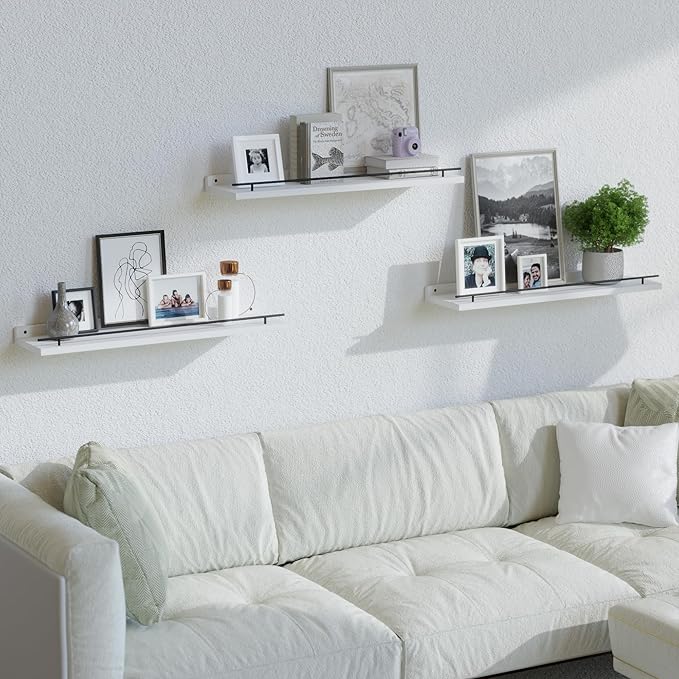 WOPITUES Floating Shelves 24 inch with Gold Metal Guardrail, Shelves for Wall Decor Set of 3, Wall Shelves for Bedroom, Bathroom, Kitchen, Living Room, Plants, Picture Frames, Art- Black and White