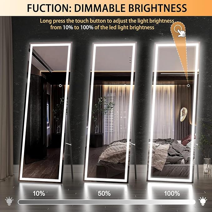 Hasipu Full Length Mirror with Lights, 56" x 15.8" LED Floor, Full Body Dressing Standing, Hanging Mounted Mirror, Square Black
