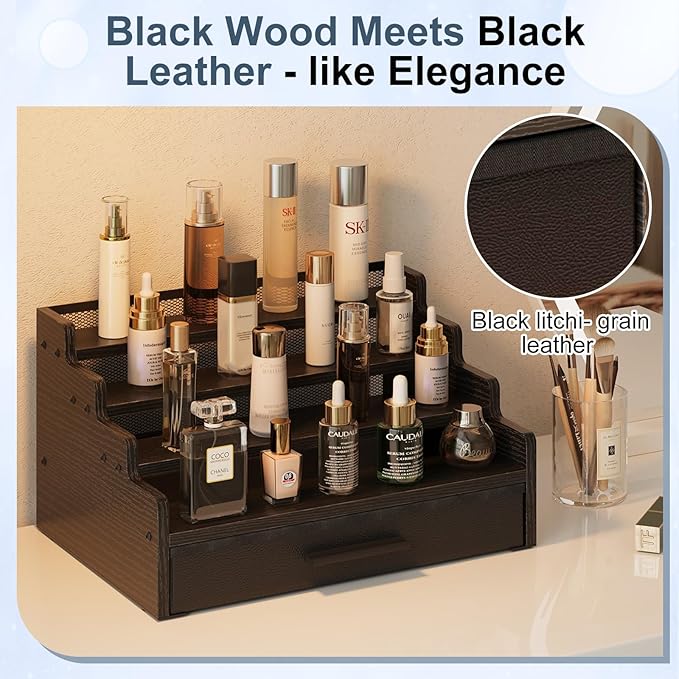 4 Tier Cologne Organizer for Men, Black Wooden Perfume Organizer with Drawer Storage, Perfume Display Shelf for Cologne, Watch, Grooming and Figures, Perfect Birthday/Easter Gift for Lovers & Fathers