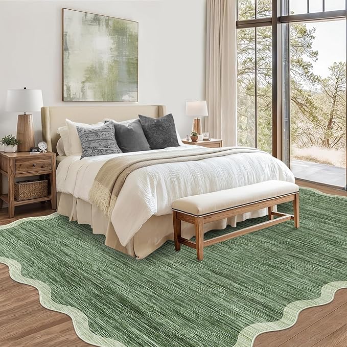 GarveeHome Scalloped Washable Rug 5x7 Area Rugs for Living Room Modern Abstract Green Non Slip Throw Rugs Bedroom Rugs Low Pile Soft Non Shedding Stain Resistant Carpet for Dining Room Nursery 5'x7'