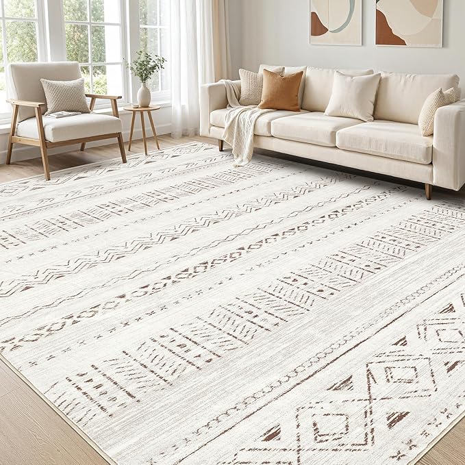 cotiled 6x8 Area Rug Living Room: Washable Boho Rugs with Non Slip Backing Large Soft Indoor Stain Resistant Carpet for Bedroom Farmhouse Dining Room Lightweight Home Decor L Brown/Cream
