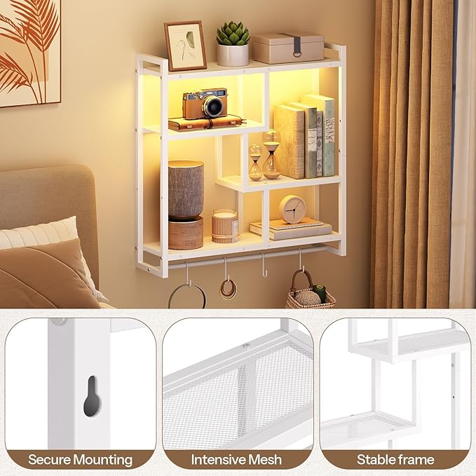 HOOBRO Gaming Floating Shelves with LED Lights, 28.7" LED Wall Mounted Shelf, 4-Tier Floating Wall Shelf for Storage, Display Rack with Hanging Bar and 4 S Hooks, for Gaming Room, White WT37DBJ01