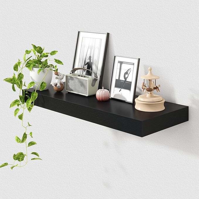 FLYJOE 30 Inch Floating Shelves | 12 Inch Deep Black Floating Shelves | 30" W x 12" D Rustic Wood Shelves for Wall | Deep Black Shelves for Living Room Bathroom Laundry Room Kitchen