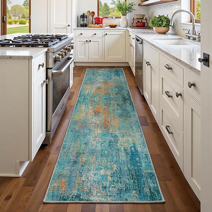 RELEANY Washable Area Rugs 2'x6' Non-Slip Modern Abstract Soft for Living Room Entryway Bedroom Nursery, Print Pattern, Teal Blue Green Orange Rust Red Coloreful